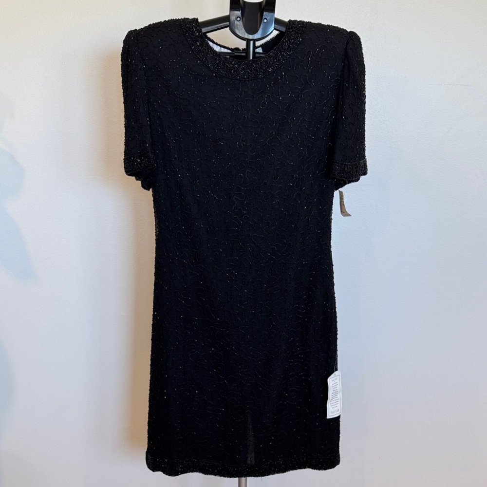 Laurence Kazar Vintage Black Beaded Mini Silk Dress
